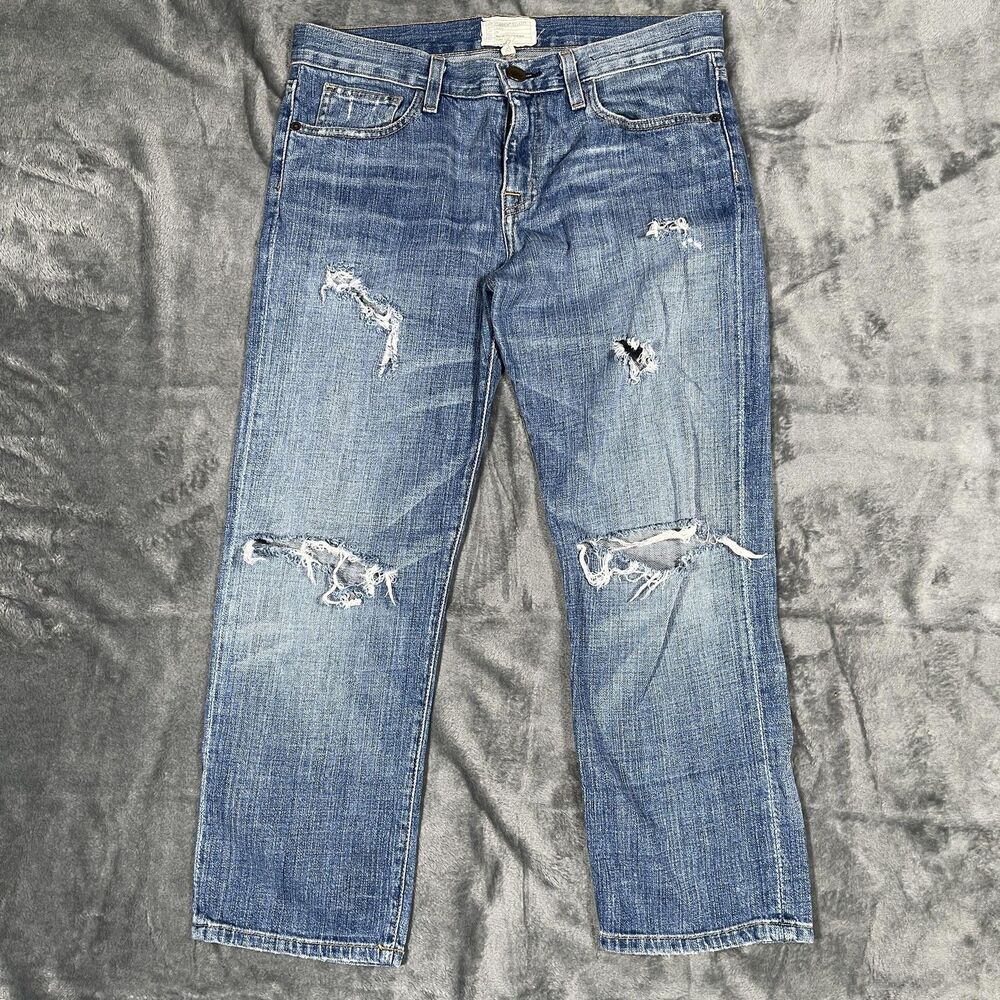 Current/Elliott Boyfriend Jeans Womens 26-0 Blue Medium Wash Distressed Cropped